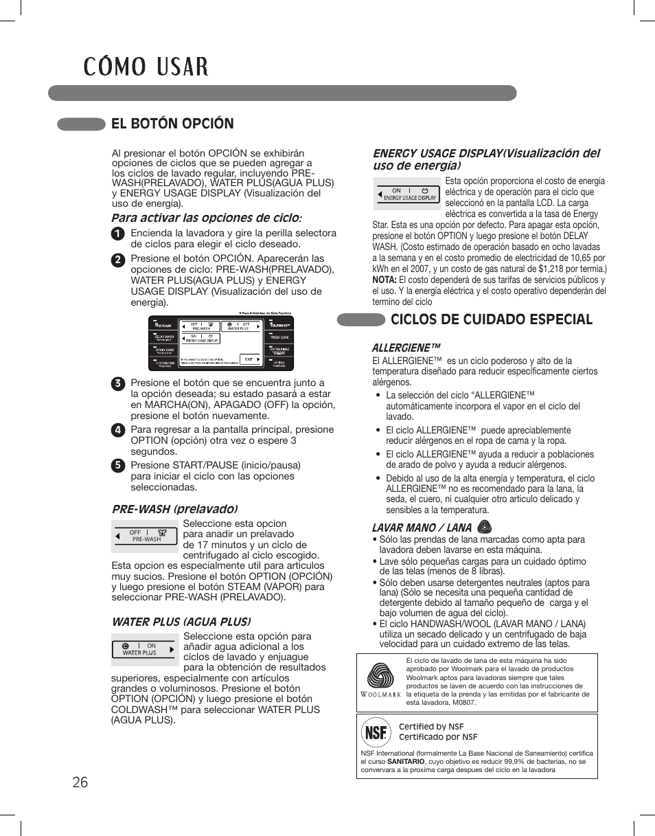 El botón opción, Ciclos de cuidado especial | LG WM3885HCCA User Manual | Page 62 / 108