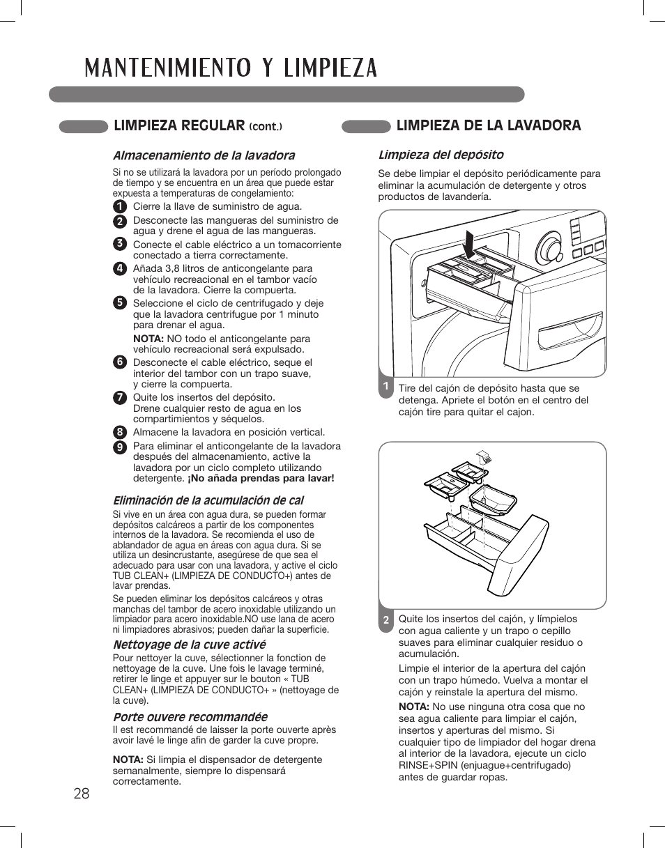 Limpieza regular, Limpieza de la lavadora | LG WM3885HCCA User Manual | Page 64 / 108