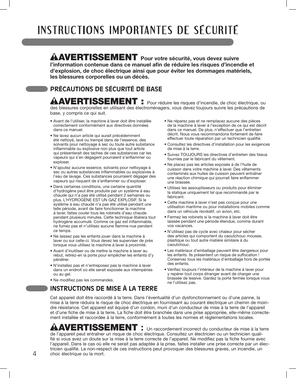 Wavertissement, Instructions de mise à la terre, Précautions de sécurité de base | LG WM3885HCCA User Manual | Page 76 / 108
