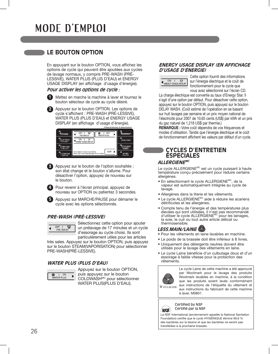 Le bouton option, Cycles d’entretien éspeciales | LG WM3885HCCA User Manual | Page 98 / 108