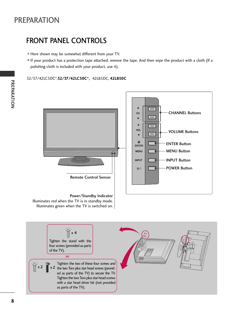 Front panel controls, 32/37/42lc5dc*, 32/37/42lc50c*, 42lb5dc, 42lb50c, Preparation | LG 37LC5DCB-UA User Manual | Page 10 / 90