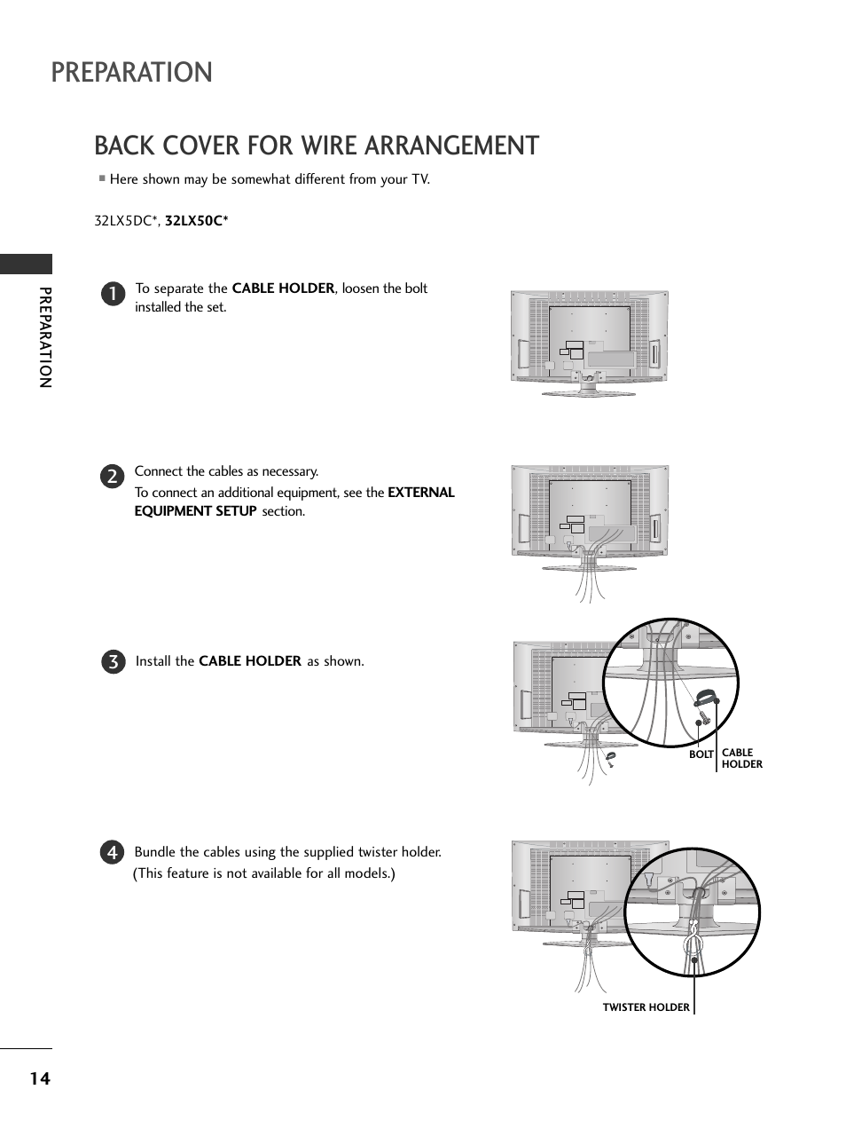 32lx5dc*, 32lx50c, Preparation, Back cover for wire arrangement | LG 37LC5DCB-UA User Manual | Page 16 / 90