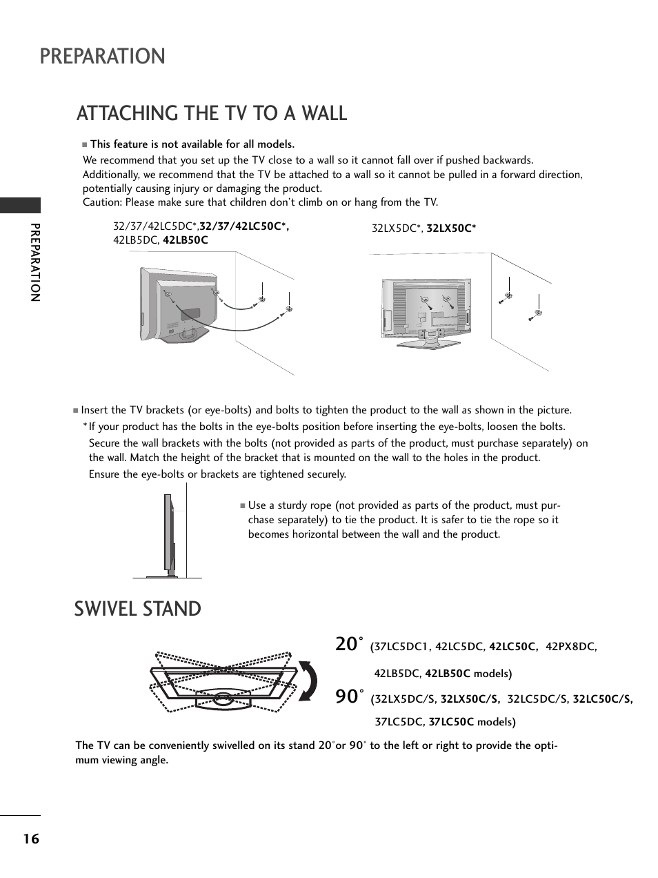 Attaching the tv to a wall, Swivel stand, Preparation | LG 37LC5DCB-UA User Manual | Page 18 / 90
