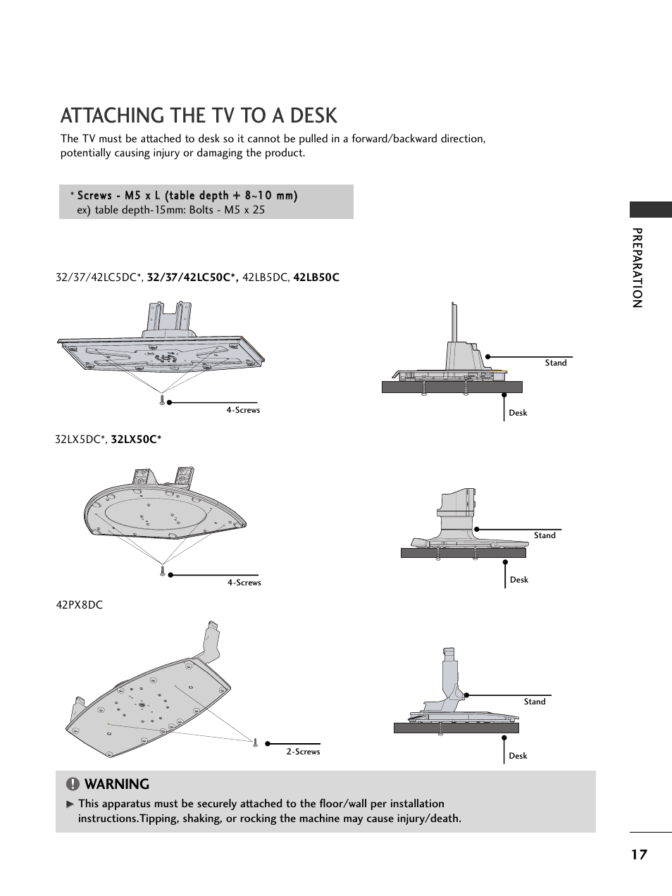 Attaching the tv to a desk, Warning, Prep ar a tion | LG 37LC5DCB-UA User Manual | Page 19 / 90