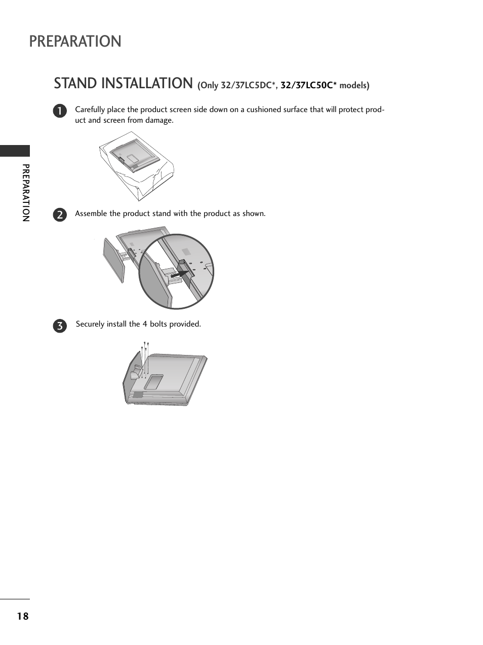 Preparation, Stand installation | LG 37LC5DCB-UA User Manual | Page 20 / 90
