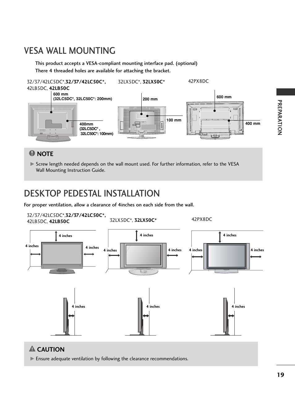 Vesa wall mounting, Desktop pedestal installation, Caution | Prep ar a tion | LG 37LC5DCB-UA User Manual | Page 21 / 90