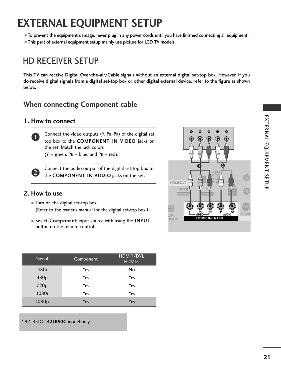 External equipment setup, Hd receiver setup, When connecting component cable | How to connect, How to use, External eq uipment setup | LG 37LC5DCB-UA User Manual | Page 23 / 90