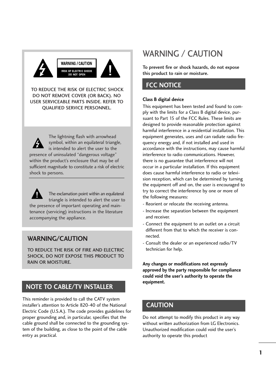 Warning / caution, Fcc notice, Caution | Warning/caution | LG 37LC5DCB-UA User Manual | Page 3 / 90