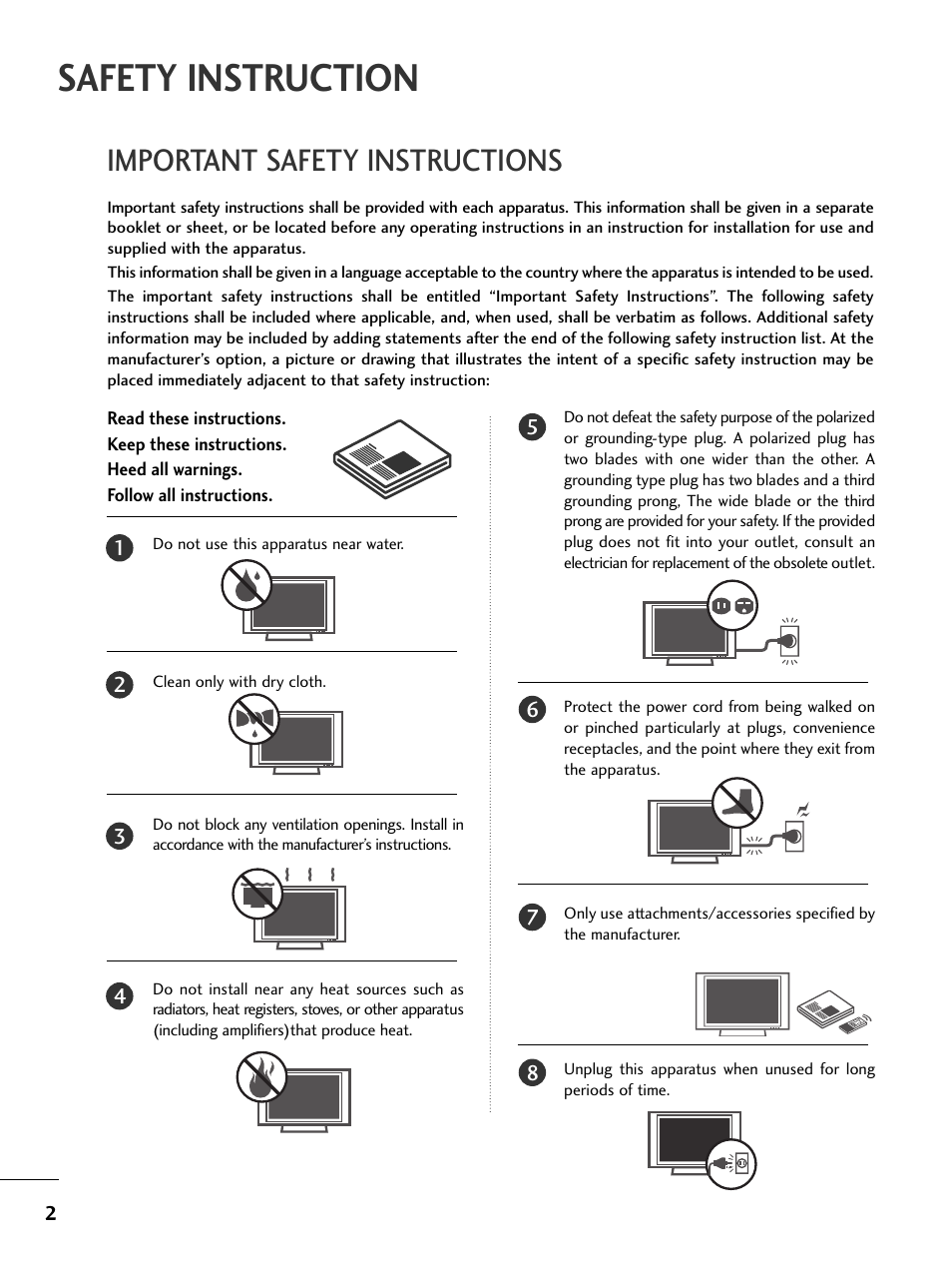 Safety instruction, Important safety instructions | LG 37LC5DCB-UA User Manual | Page 4 / 90