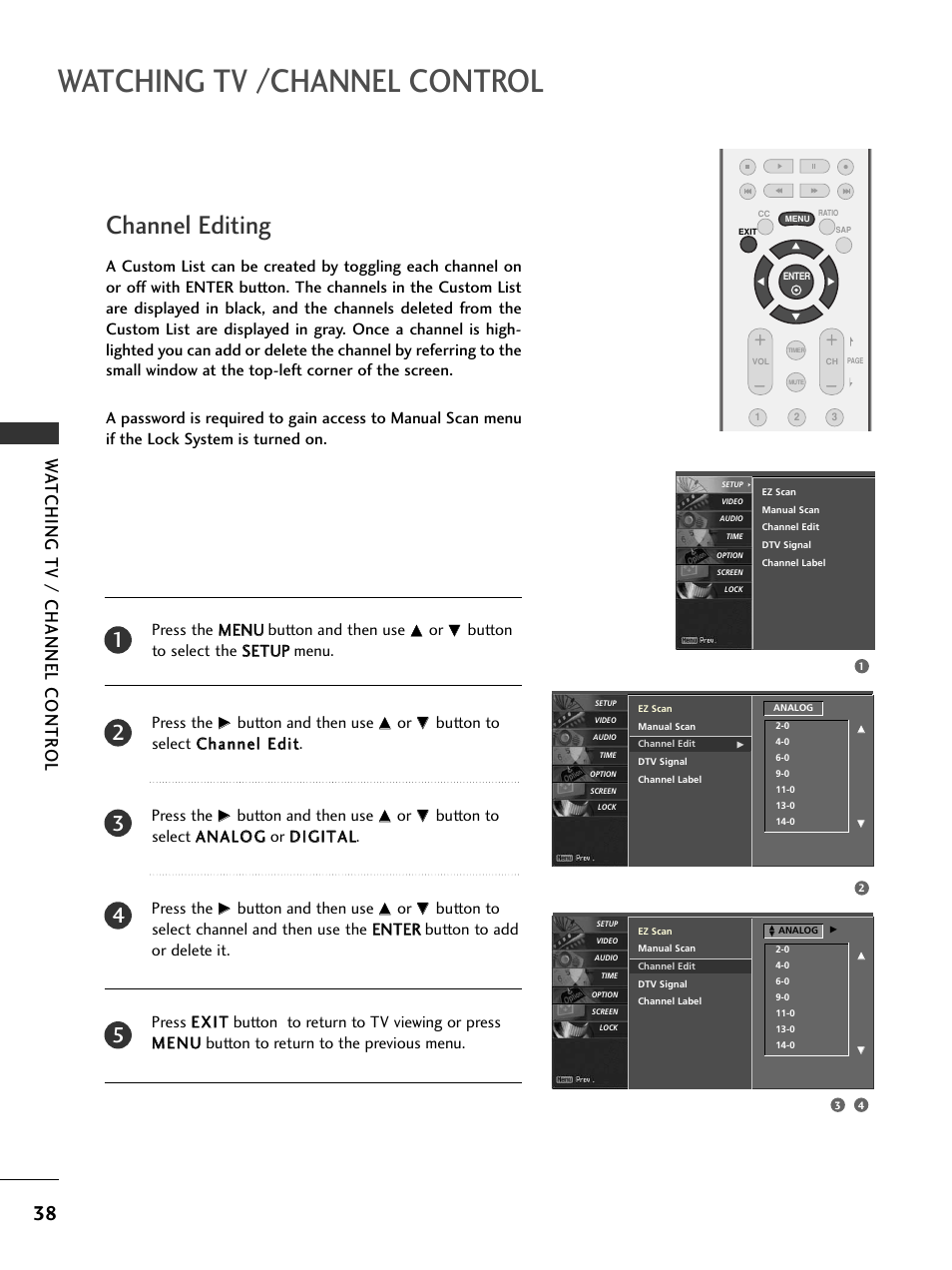Channel editing, Watching tv /channel control, Wa tching tv / channel contr ol | Button and then use | LG 37LC5DCB-UA User Manual | Page 40 / 90