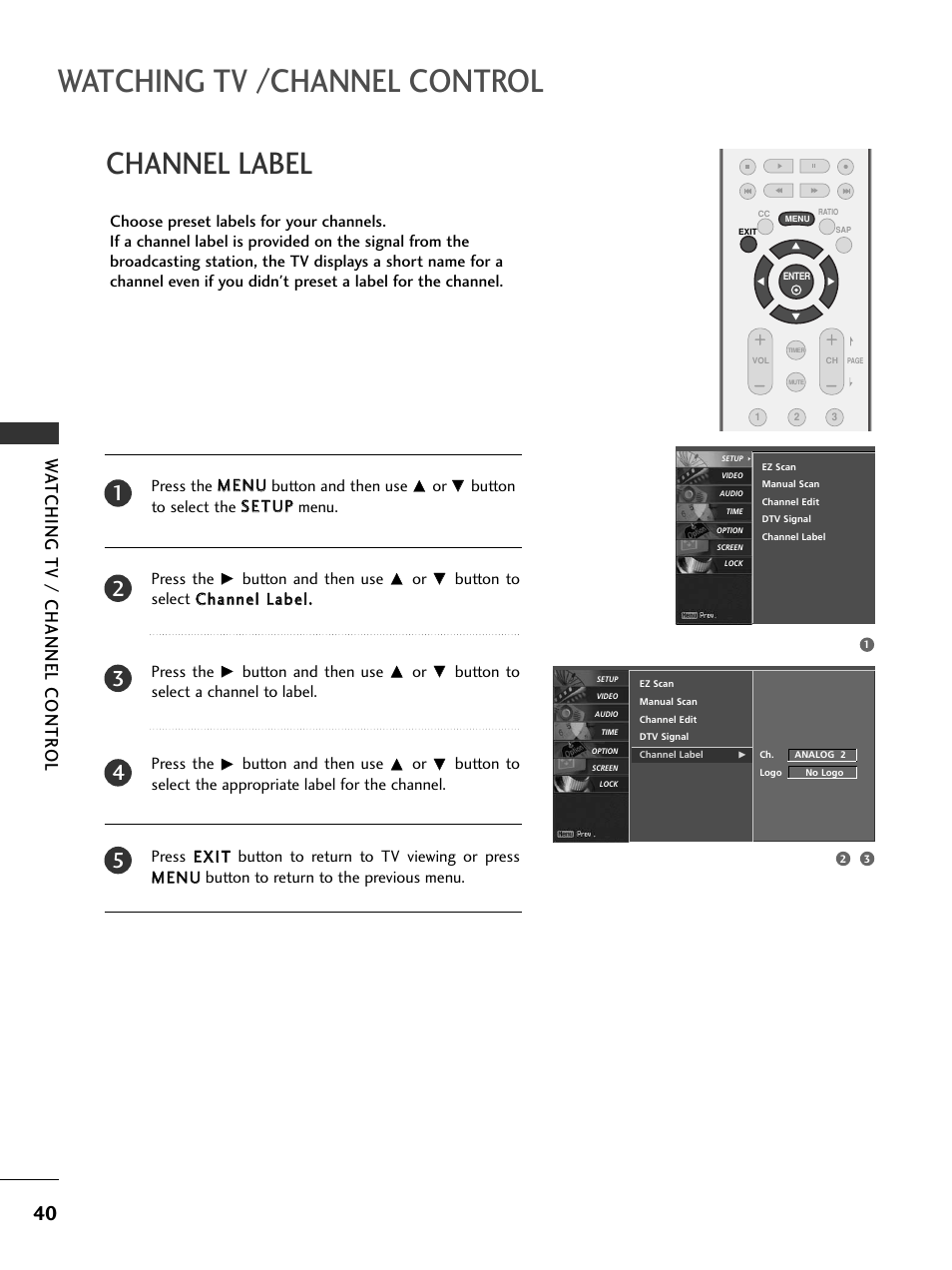 Channel label, Watching tv /channel control, Wa tching tv / channel contr ol | LG 37LC5DCB-UA User Manual | Page 42 / 90