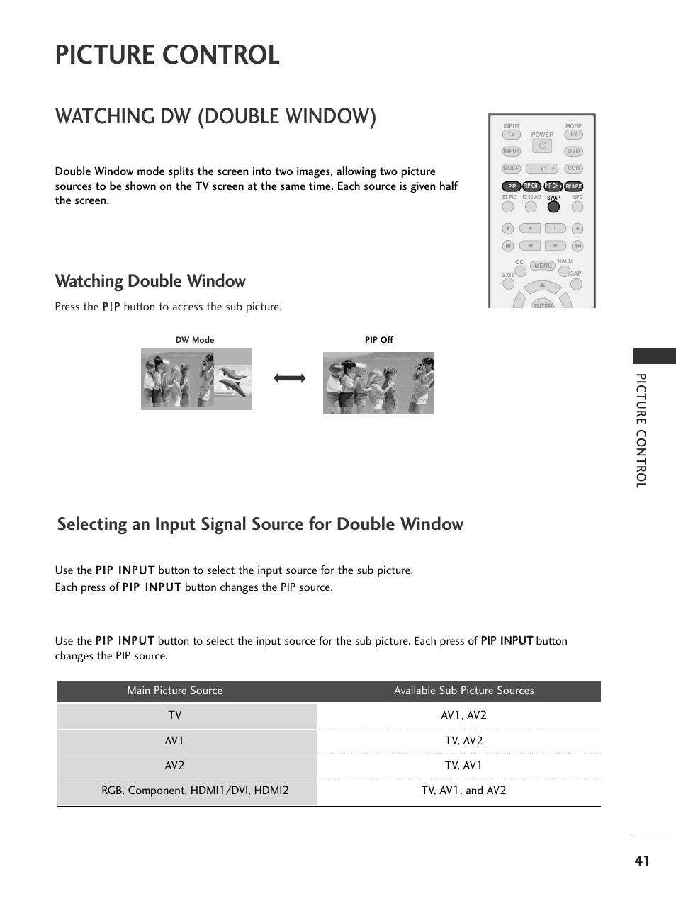 Picture control, Watching dw (double window), Watching double window | Selecting an input signal source for double window, Picture contr ol | LG 37LC5DCB-UA User Manual | Page 43 / 90