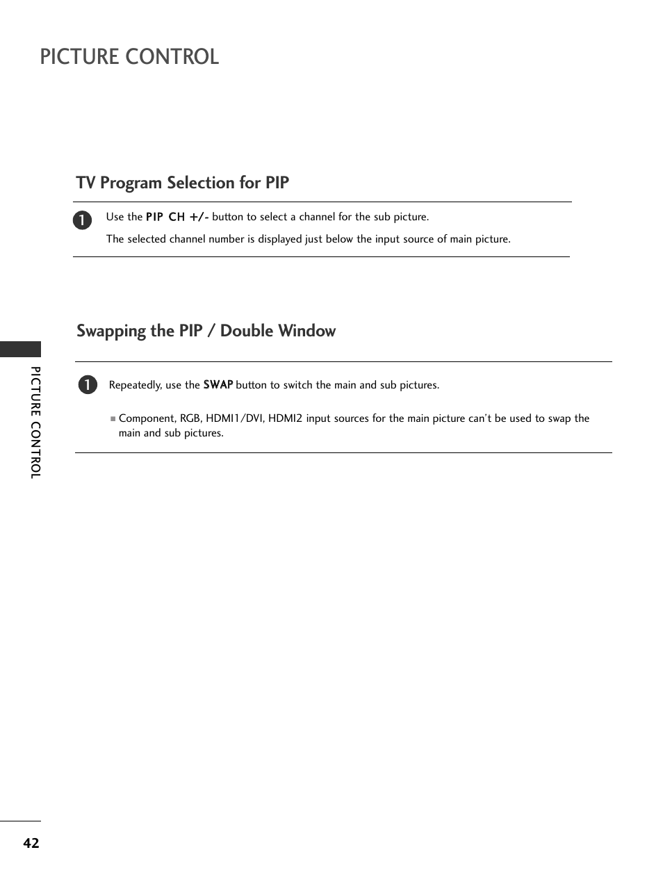 Tv program selection for pip, Swapping the pip / double window, Picture control | LG 37LC5DCB-UA User Manual | Page 44 / 90