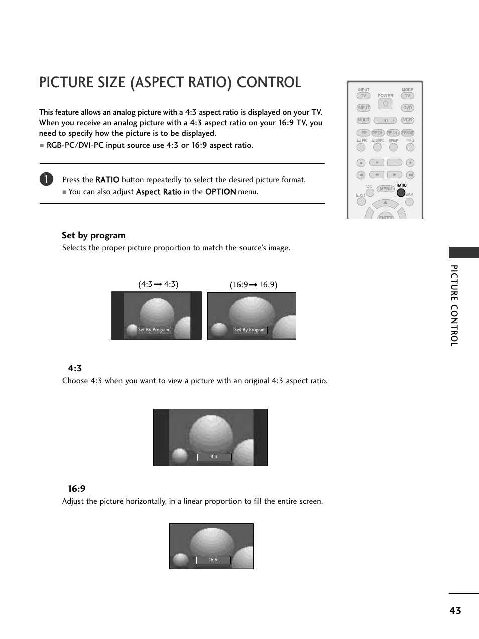 Picture size (aspect ratio) control, Picture contr ol, Set by program | LG 37LC5DCB-UA User Manual | Page 45 / 90