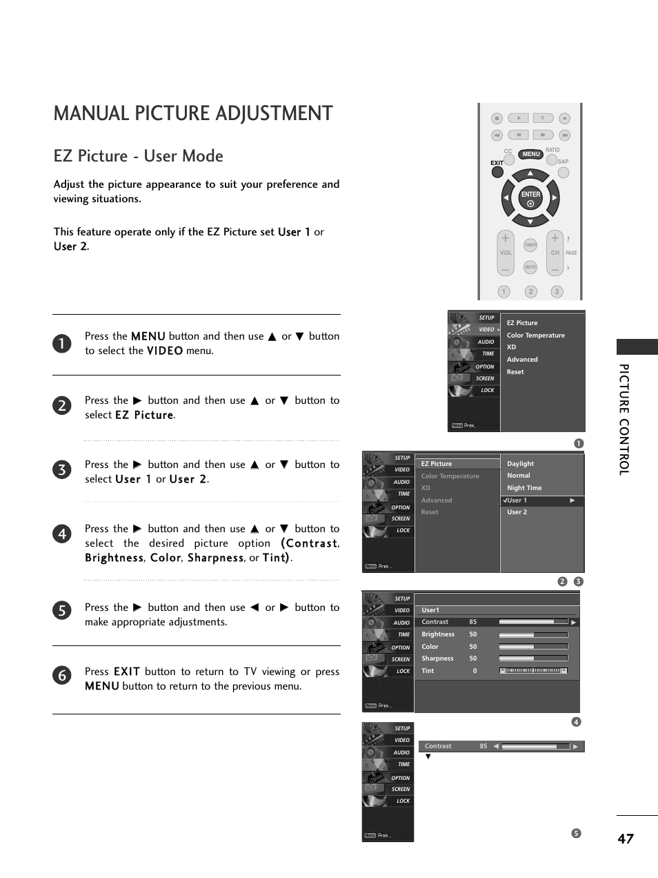 Manual picture adjustment, Ez picture - user mode, Picture contr ol | Button and then use | LG 37LC5DCB-UA User Manual | Page 49 / 90