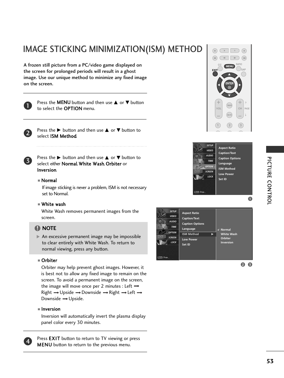 Image sticking minimization(ism) method, Picture contr ol | LG 37LC5DCB-UA User Manual | Page 55 / 90