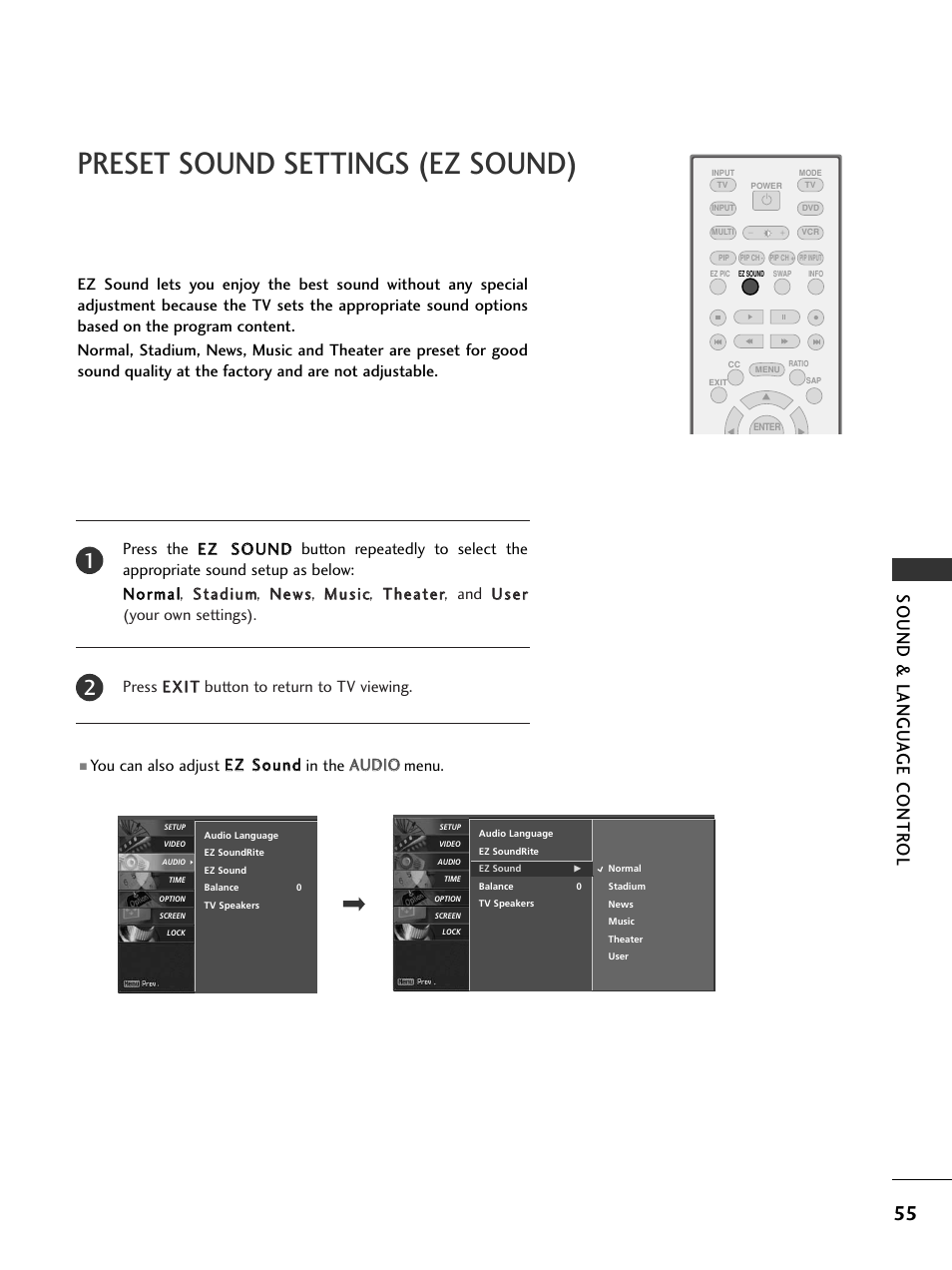 Preset sound settings (ez sound), Sound & langu a ge contr ol | LG 37LC5DCB-UA User Manual | Page 57 / 90