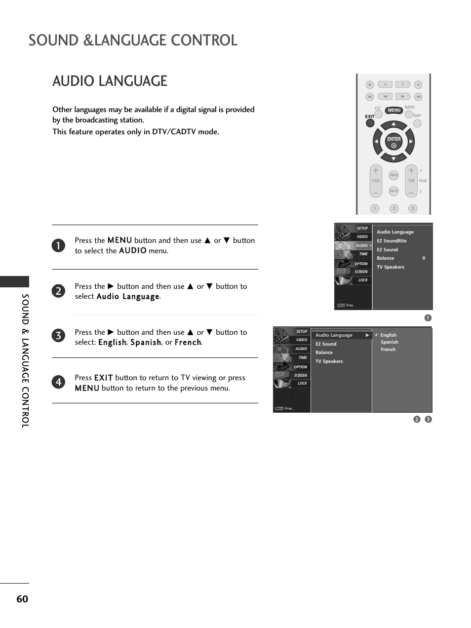 Audio language, Sound &language control, Sound & langu a ge contr ol | LG 37LC5DCB-UA User Manual | Page 62 / 90
