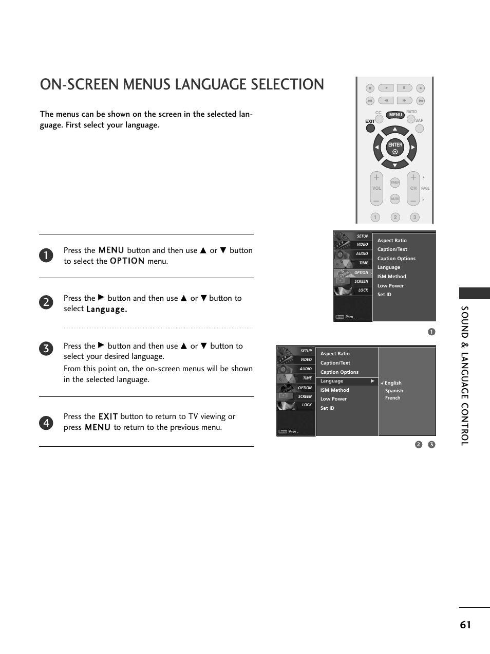 On-screen menus language selection, Sound & langu a ge contr ol, Press the m me en nu u button and then use | Button and then use, Button to select llaan ng gu uaag gee.. press the | LG 37LC5DCB-UA User Manual | Page 63 / 90