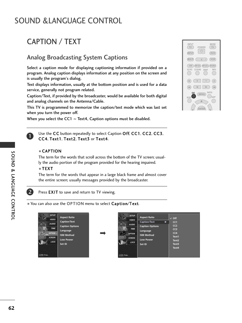 Caption / text, Analog broadcasting system captions, Sound &language control | Sound & langu a ge contr ol | LG 37LC5DCB-UA User Manual | Page 64 / 90