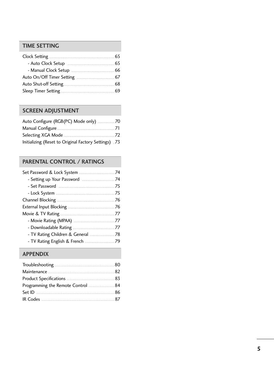 5time setting, Screen adjustment, Parental control / ratings | Appendix | LG 37LC5DCB-UA User Manual | Page 7 / 90