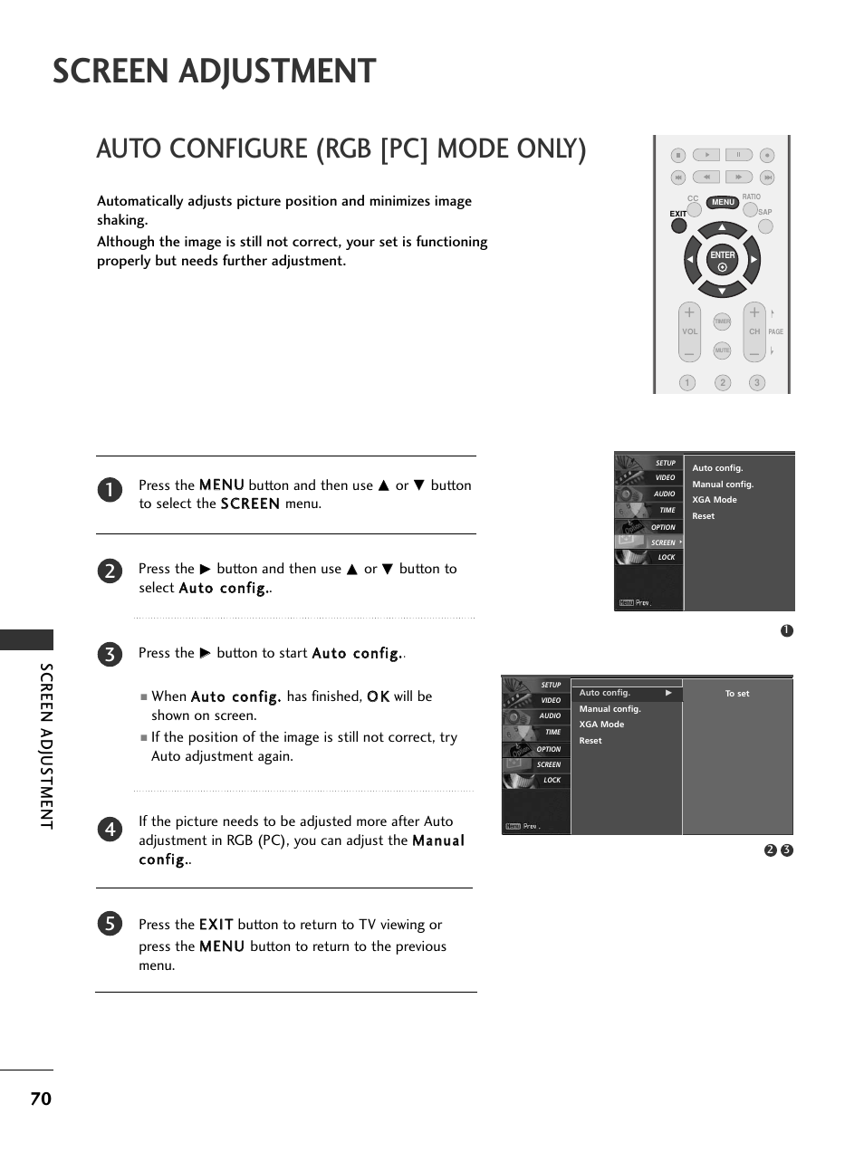 Screen adjustment, Auto configure (rgb [pc] mode only), Screen adjus tment | LG 37LC5DCB-UA User Manual | Page 72 / 90