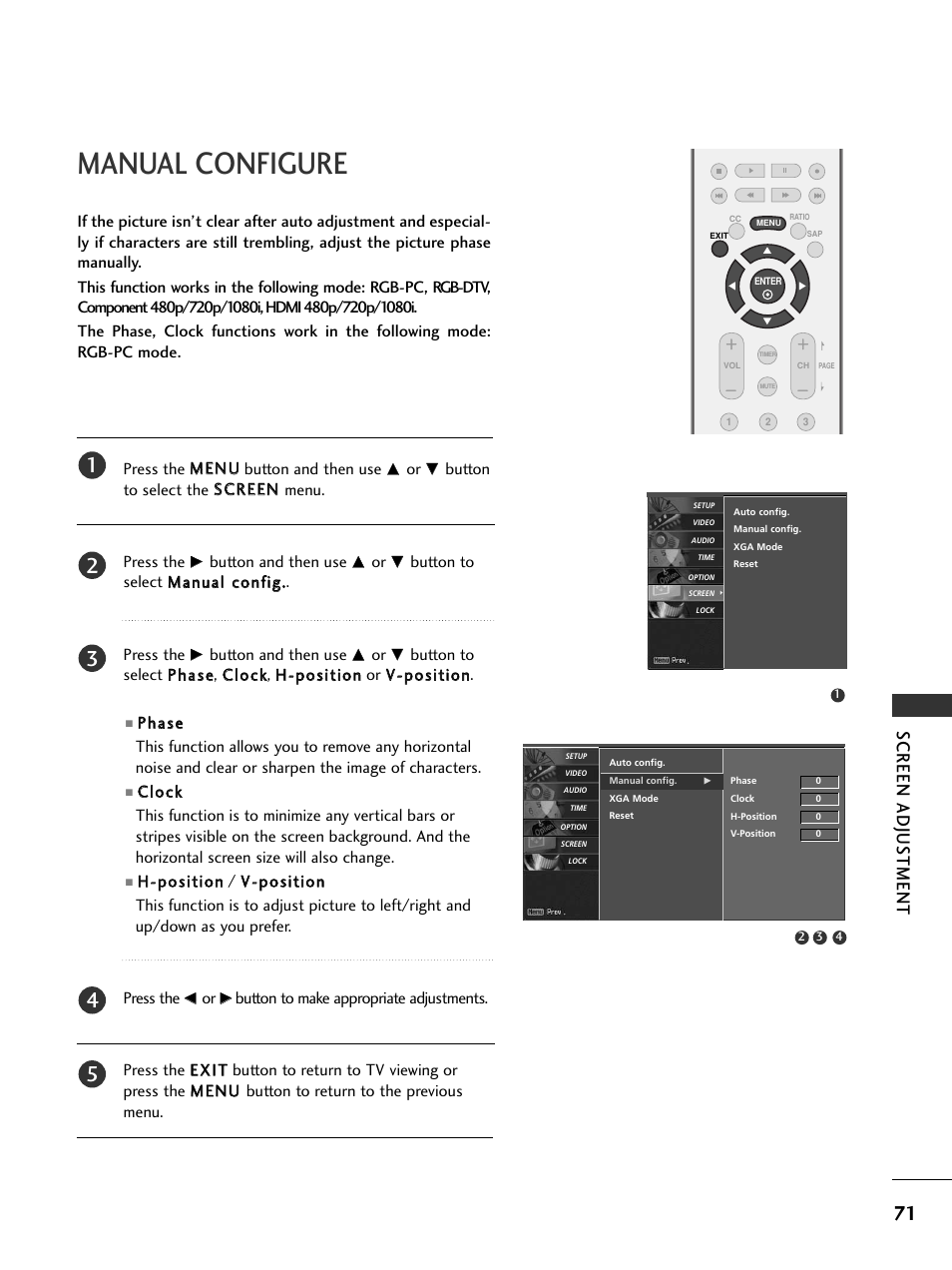 Manual configure, Screen adjus tment | LG 37LC5DCB-UA User Manual | Page 73 / 90