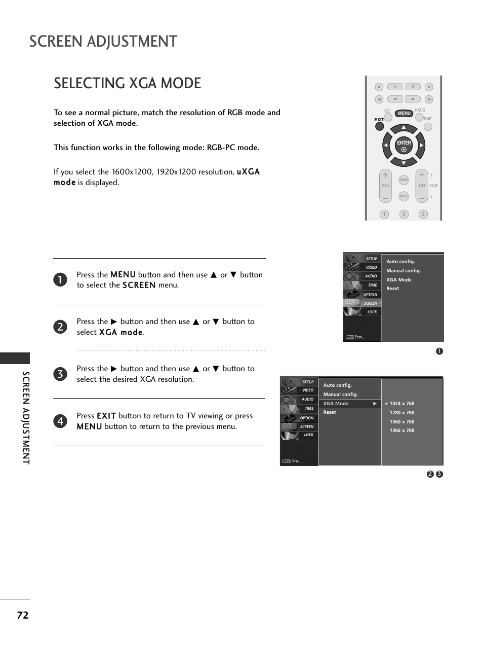 Selecting xga mode, Screen adjustment, Screen adjus tment | LG 37LC5DCB-UA User Manual | Page 74 / 90