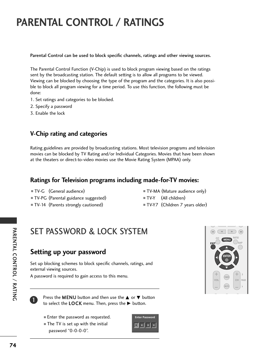 Parental control / ratings, Set password & lock system, Setting up your password | V-chip rating and categories, Parent al contr ol / r a ting | LG 37LC5DCB-UA User Manual | Page 76 / 90