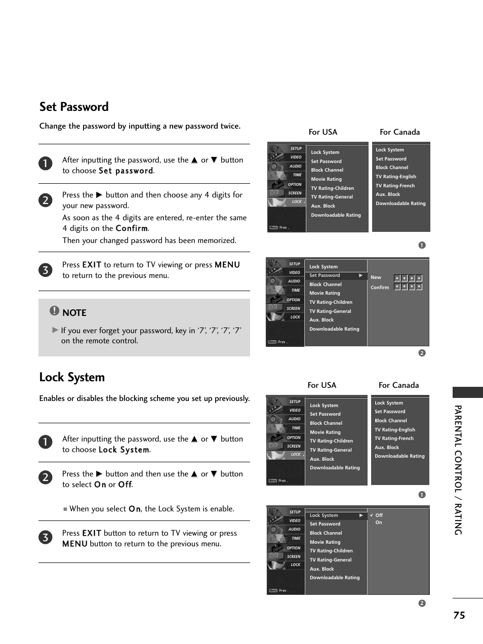 Set password, Lock system, Set password lock system | Parent al contr ol / r a ting, After inputting the password, use the, Button and then use the, For usa for canada | LG 37LC5DCB-UA User Manual | Page 77 / 90