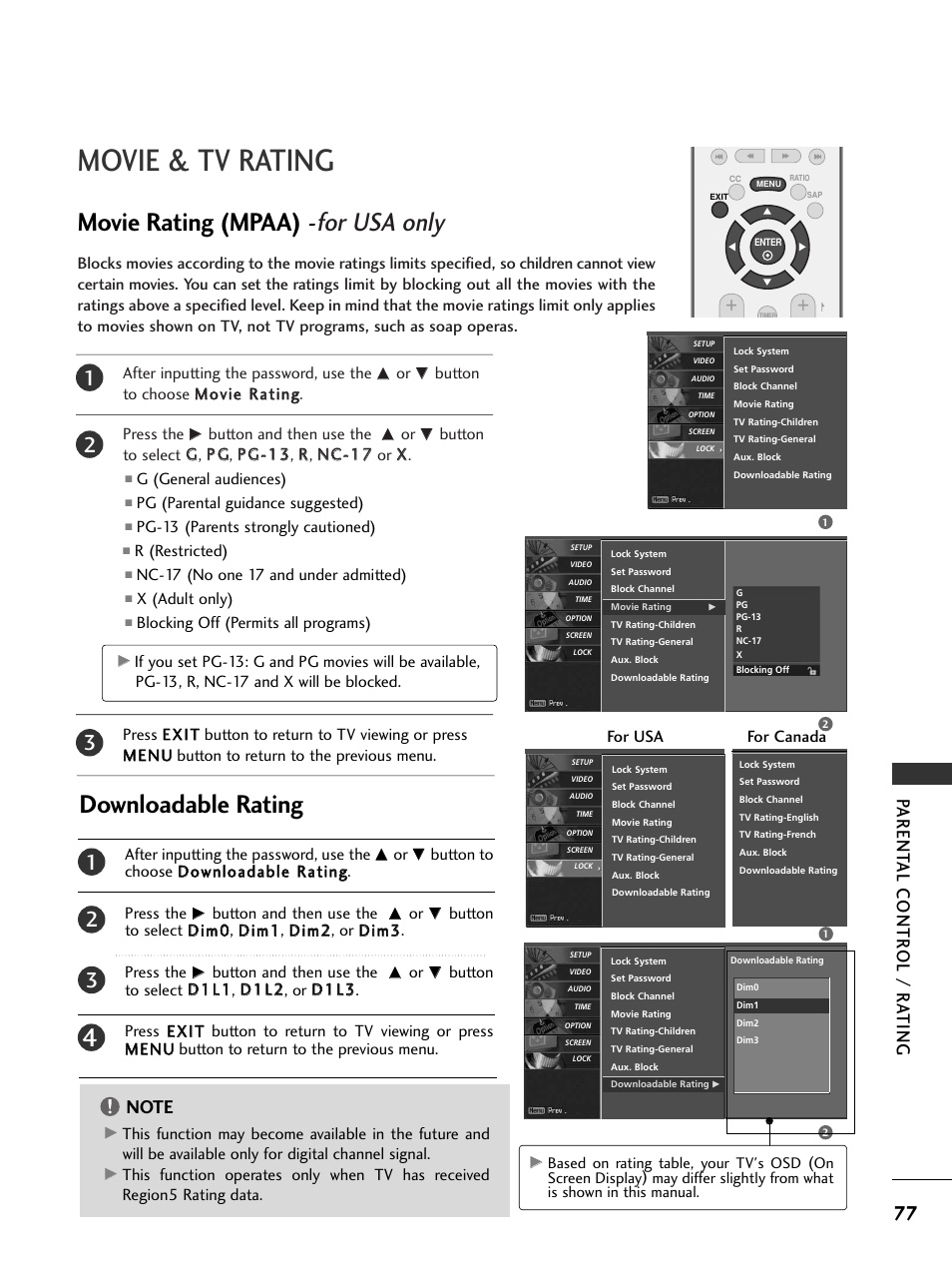 External input blocking, Movie & tv rating, Movie rating (mpaa) - for usa only | Downloadable rating, Parent al contr ol / r a ting | LG 37LC5DCB-UA User Manual | Page 79 / 90