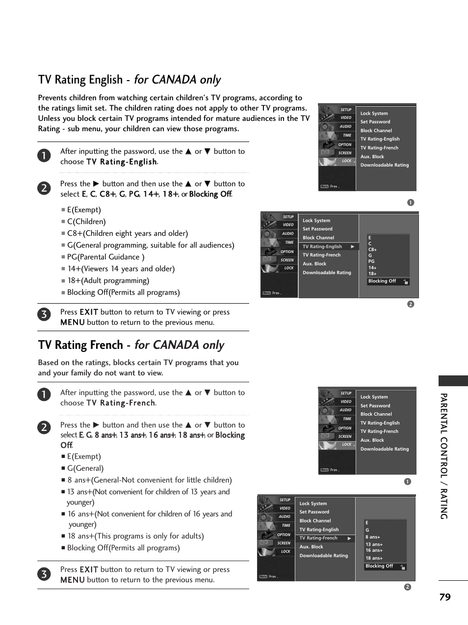 Tv rating children, Tv rating general, Tv rating english - for canada only | Tv rating french - for canada only, Parent al contr ol / r a ting | LG 37LC5DCB-UA User Manual | Page 81 / 90