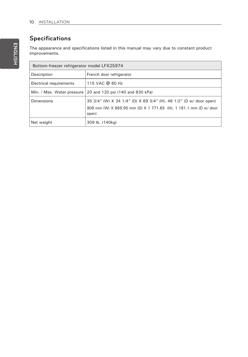 Specifications | LG LFX25974SB User Manual | Page 10 / 164