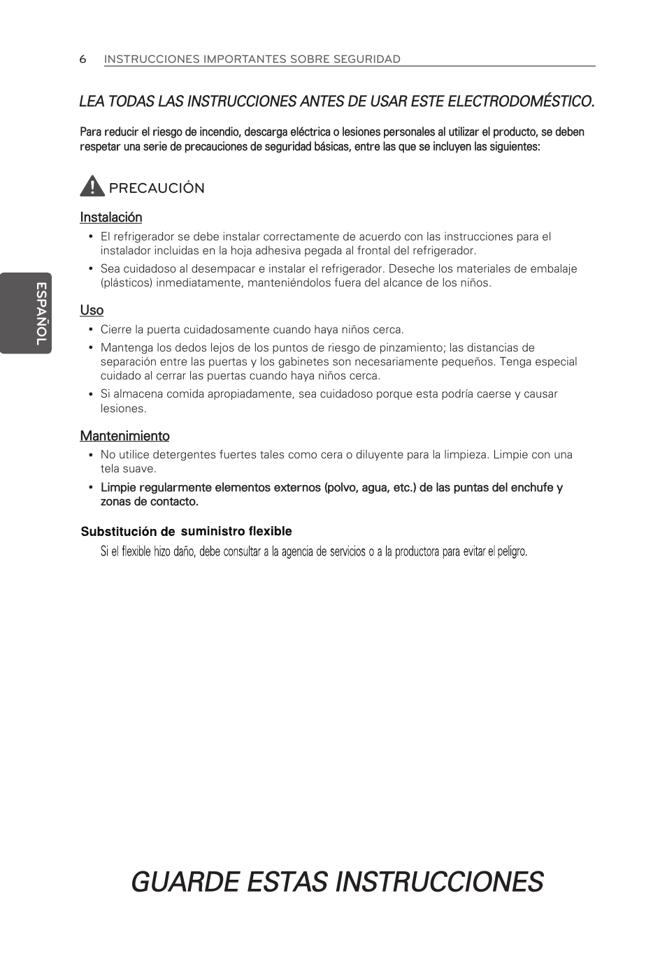 Guarde estas instrucciones, Precaución | LG LFX25974SB User Manual | Page 114 / 164