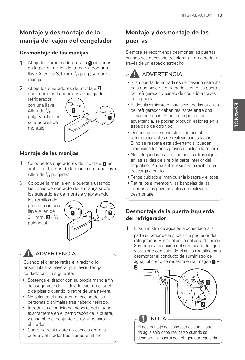 Montaje y desmontaje de las puertas, Desmontaje de las manijas 1, Montaje de las manijas 1 | Advertencia, Nota | LG LFX25974SB User Manual | Page 121 / 164