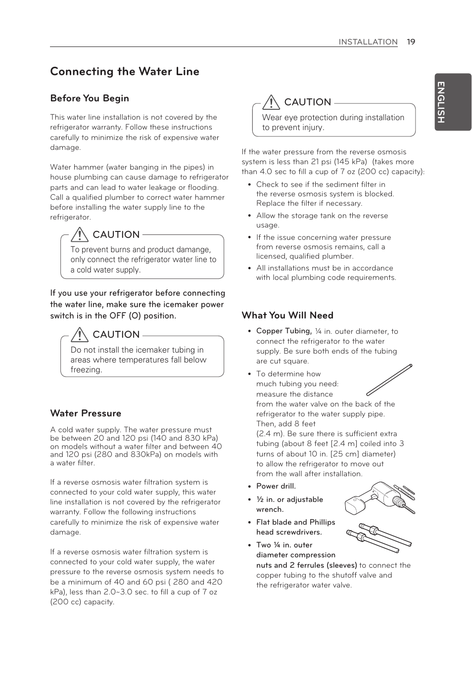 Connecting the water line, Caution, Before you begin | Water pressure, What you will need | LG LFX25974SB User Manual | Page 19 / 164