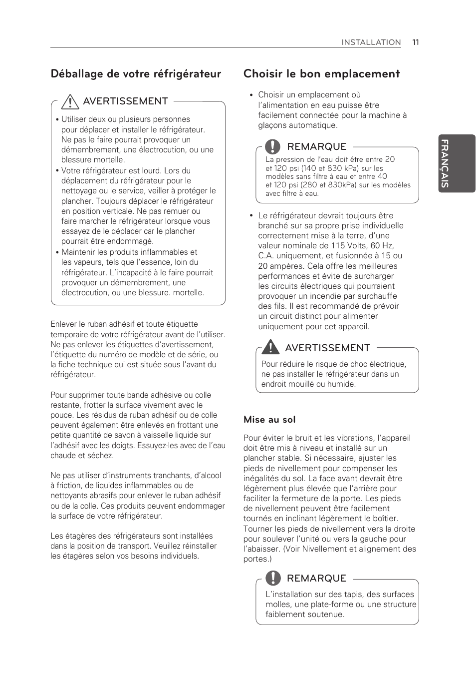 Choisir le bon emplacement, Déballage de votre réfrigérateur, Avertissement | Mise au sol, Remarque | LG LFX25974SB User Manual | Page 65 / 164