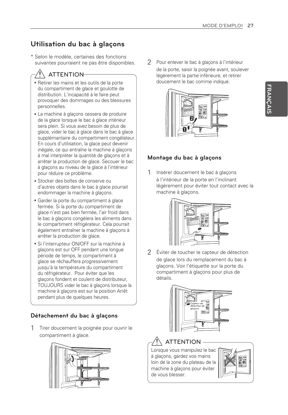 Utilisation du bac à glaçons, Montage du bac à glaçons, Attention | Détachement du bac à glaçons | LG LFX25974SB User Manual | Page 81 / 164