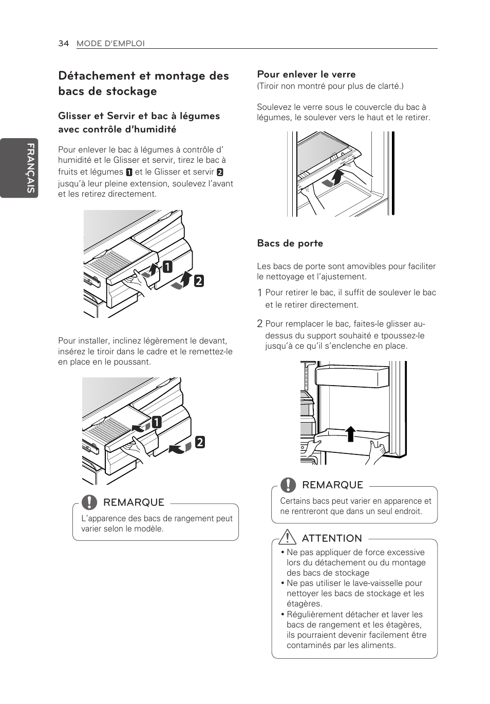 Détachement et montage des bacs de stockage, Pour enlever le verre, Bacs de porte | Remarque, Attention | LG LFX25974SB User Manual | Page 88 / 164