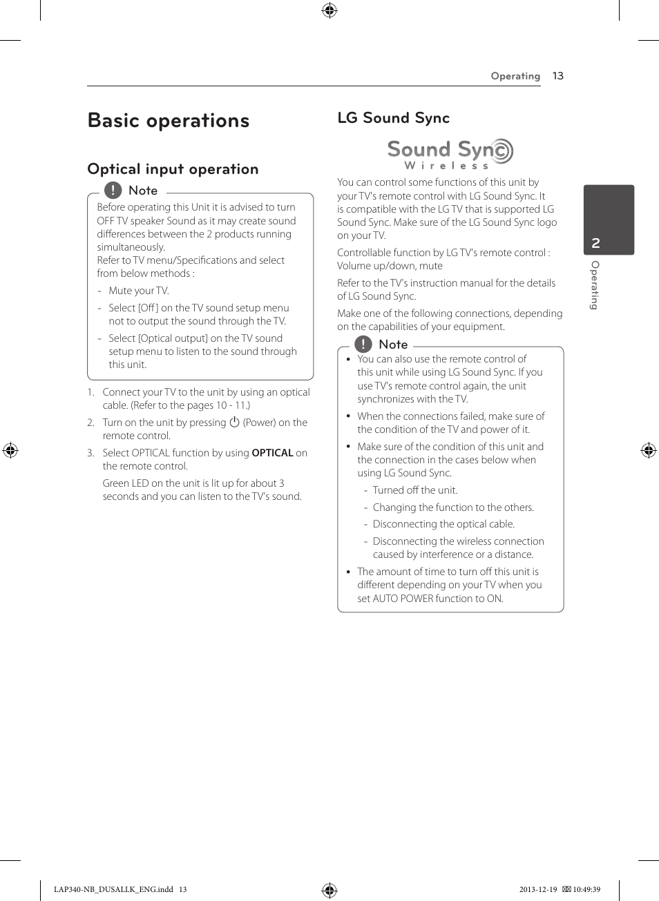 Basic operations, Optical input operation, Lg sound sync | LG LAP347C User Manual | Page 13 / 20