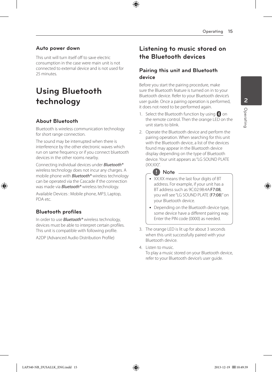 Using bluetooth technology, Listening to music stored on the bluetooth devices | LG LAP347C User Manual | Page 15 / 20