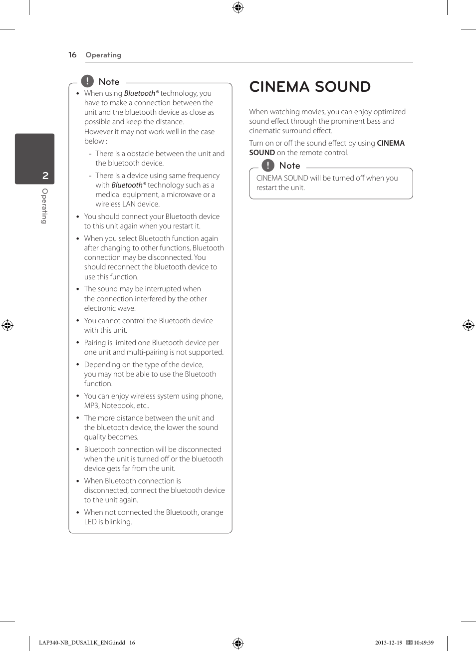 Cinema sound | LG LAP347C User Manual | Page 16 / 20