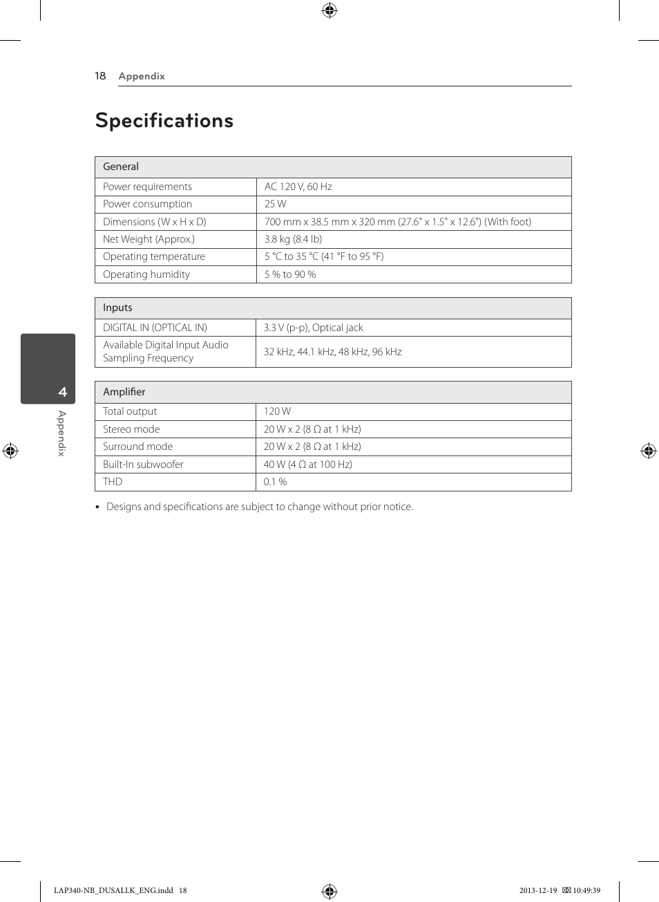 Specifications | LG LAP347C User Manual | Page 18 / 20