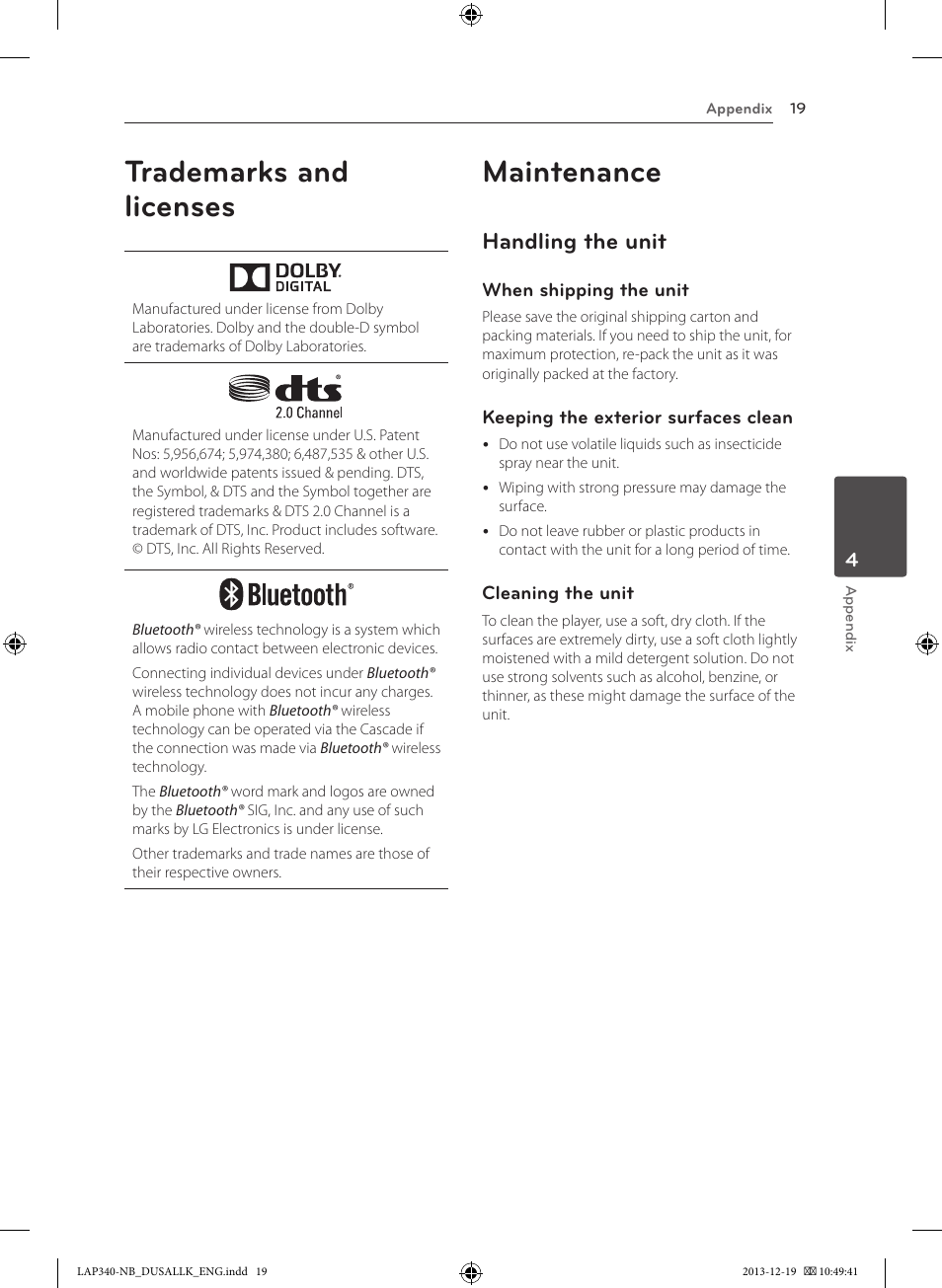 Trademarks and licenses, Maintenance, Handling the unit | LG LAP347C User Manual | Page 19 / 20