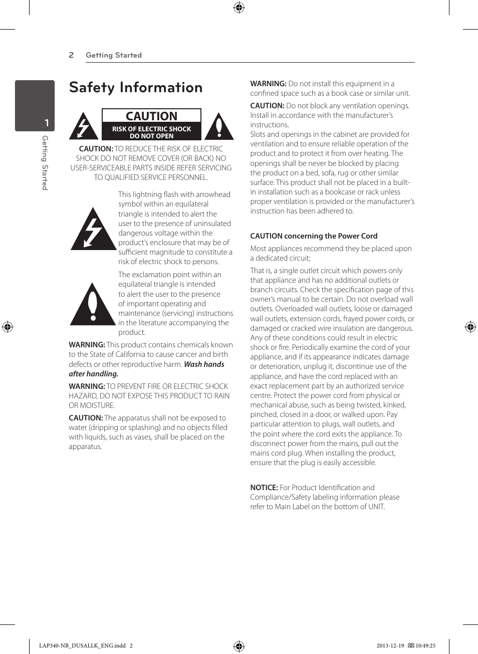 Safety information, Caution | LG LAP347C User Manual | Page 2 / 20