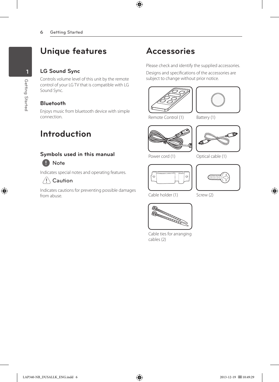 Unique features, Introduction, Accessories | LG LAP347C User Manual | Page 6 / 20