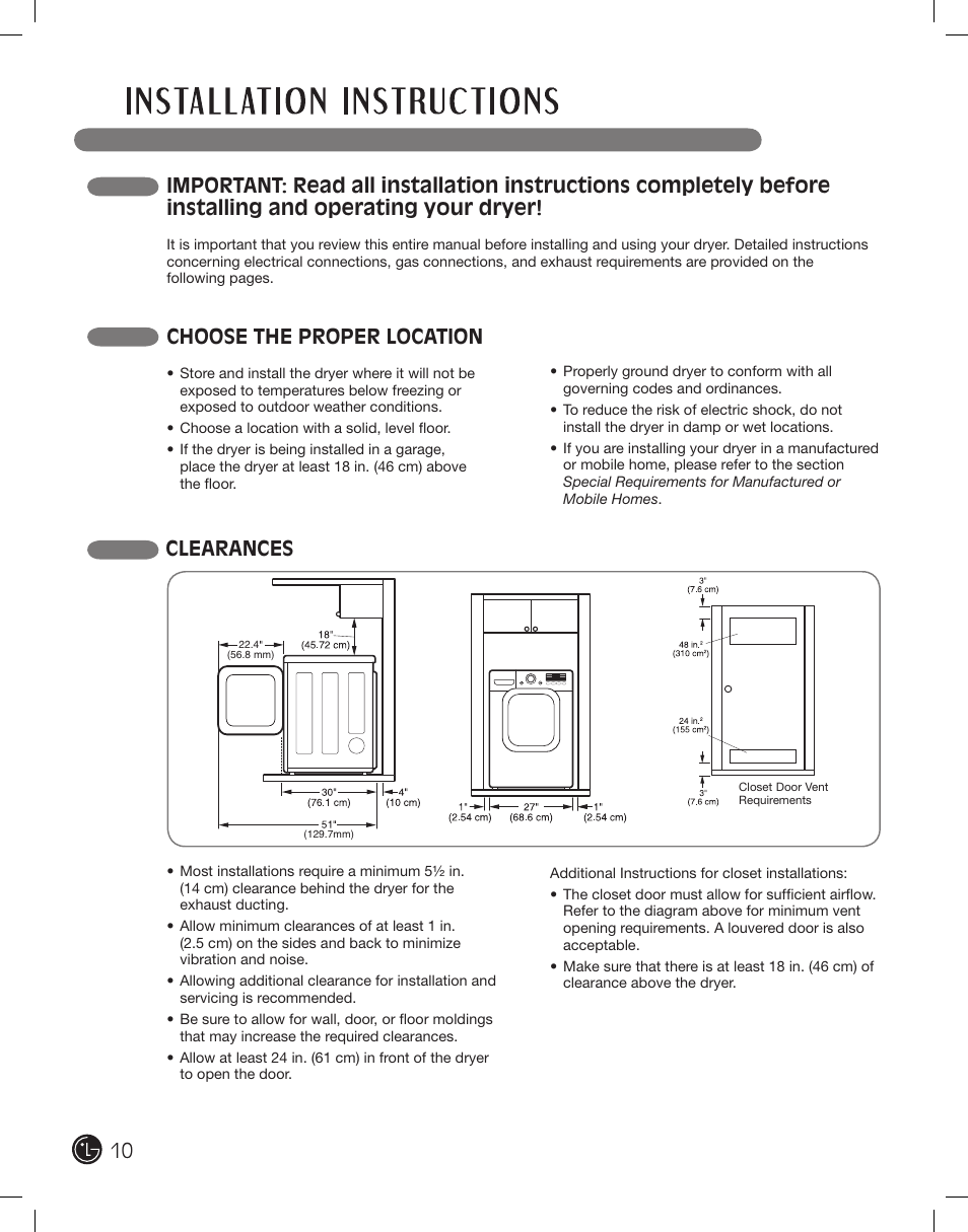Choose the proper location, Clearances | LG DLEX2801L User Manual | Page 10 / 132