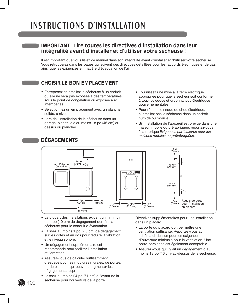 Choisir le bon emplacement, Dégagements | LG DLEX2801L User Manual | Page 100 / 132