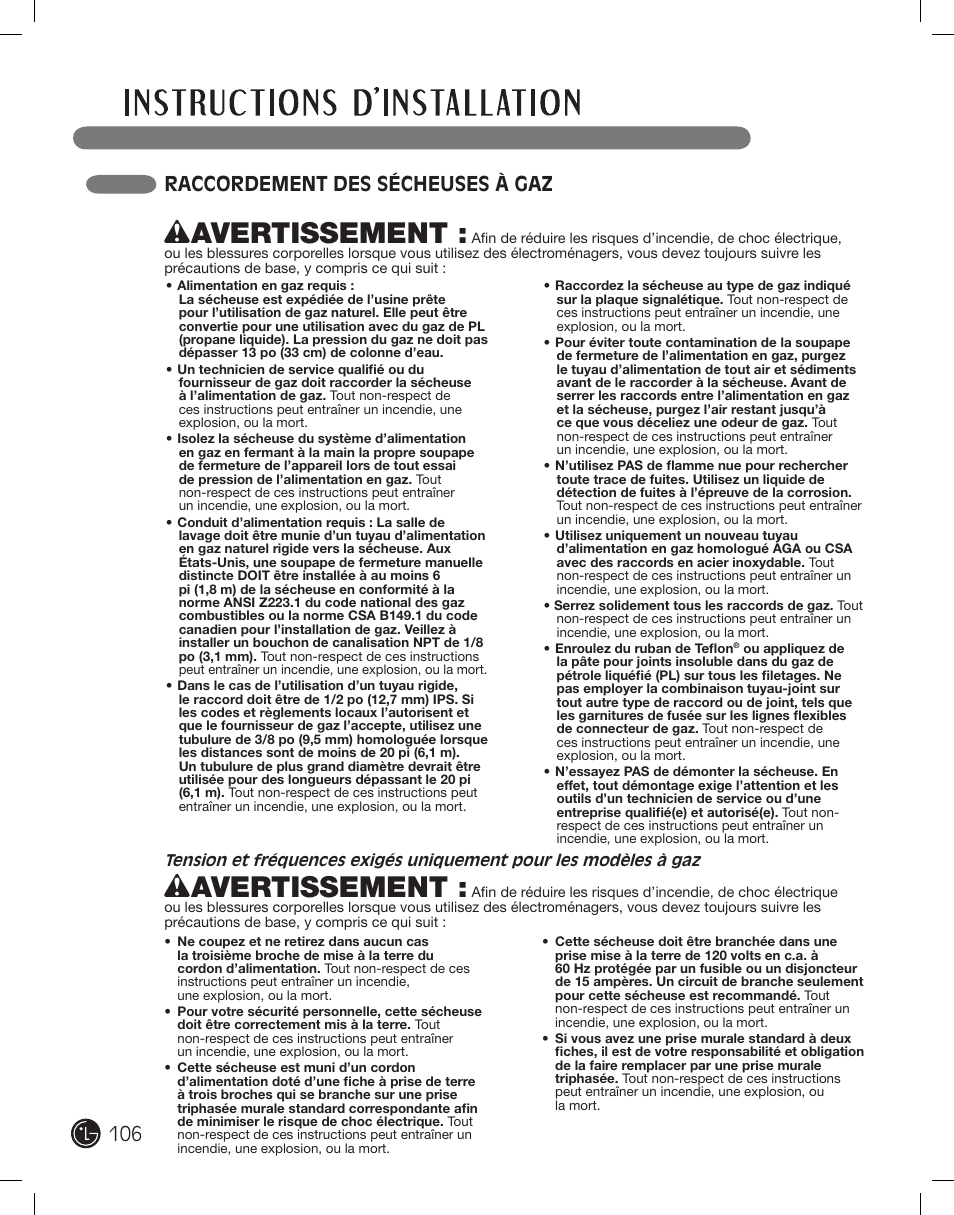Wavertissement, 106 raccordement des sécheuses à gaz | LG DLEX2801L User Manual | Page 106 / 132