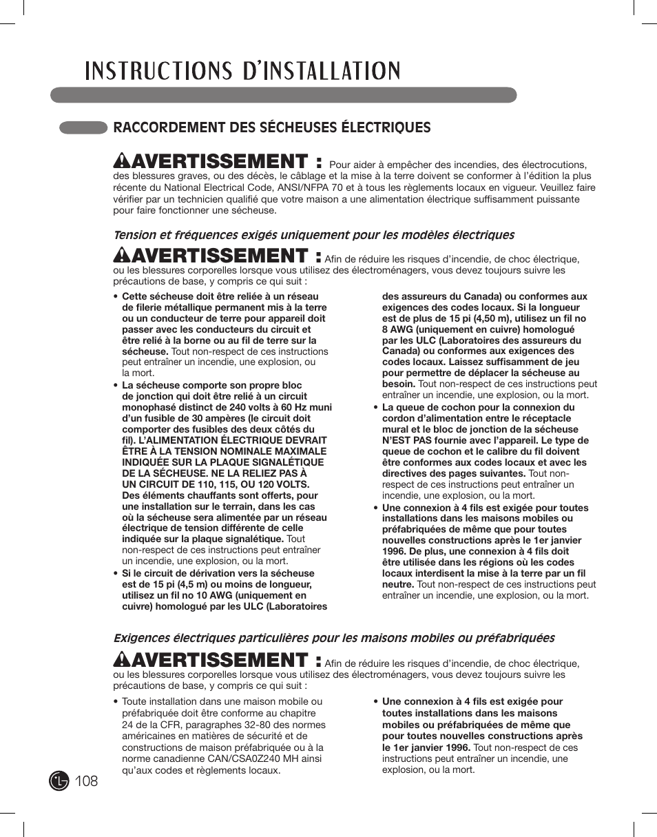 Wavertissement, Raccordement des sécheuses électriques | LG DLEX2801L User Manual | Page 108 / 132
